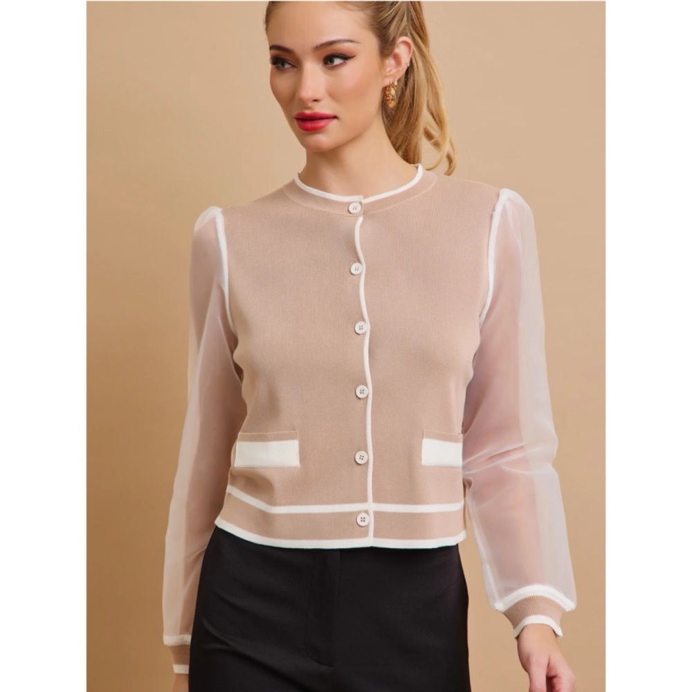 Elegant Tan Cardigan with Sheer Sleeves